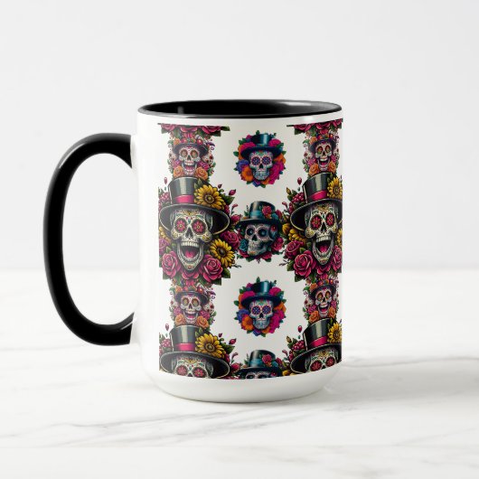 Sugar Skull Art -Top Hat Floral Fiesta (Wit) Mok (Links)