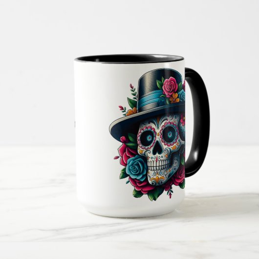 Sugar Skull Art - Top Hoed en Roze Rozen Mok (Voorkant rechts)