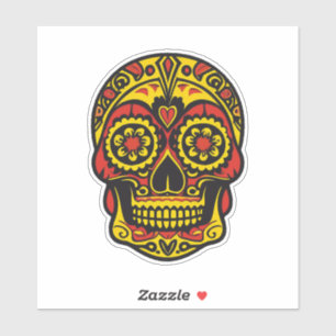 Sugar Skull Art - Traditioneel rood / goud met har Sticker