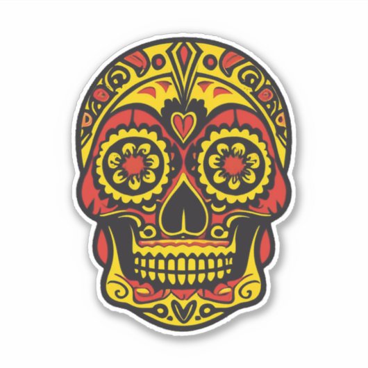 Sugar Skull Art - Traditioneel rood / goud met har Sticker (Voorkant)