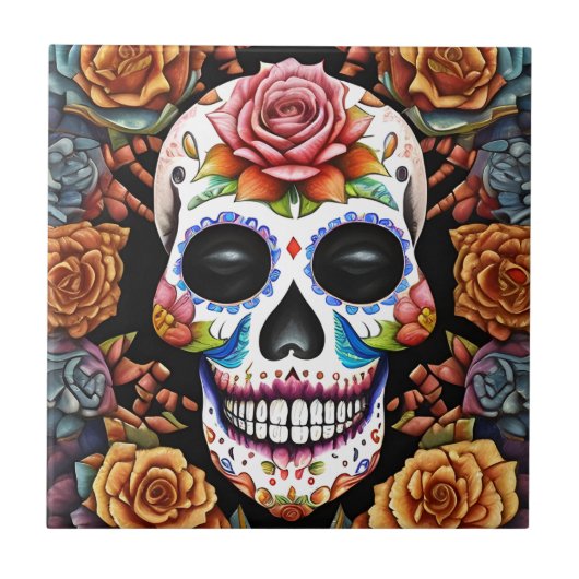 Sugar Skull Art - Traditionele Mexicaanse schedel Tegeltje (Voorkant)