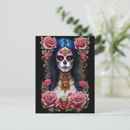 Sugar Skull Art - Traditionele Vrouw Briefkaart (Staand voorkant)