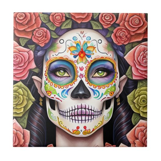 Sugar Skull Art - Vrouw in oogverblindende make-up Tegeltje (Voorkant)