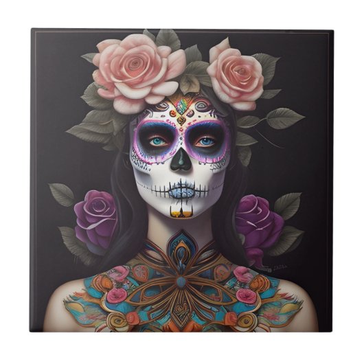Sugar Skull Art - Vrouw in opvallende make-up Tegeltje (Voorkant)
