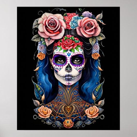 Sugar Skull Art - Vrouw in prachtige schedel make- Poster (Voorkant)