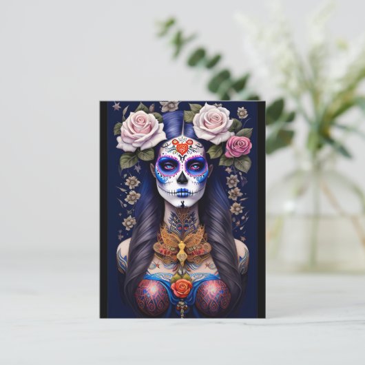 Sugar Skull Art - Vrouw in Sugar Skull Make-up Briefkaart (Staand voorkant)