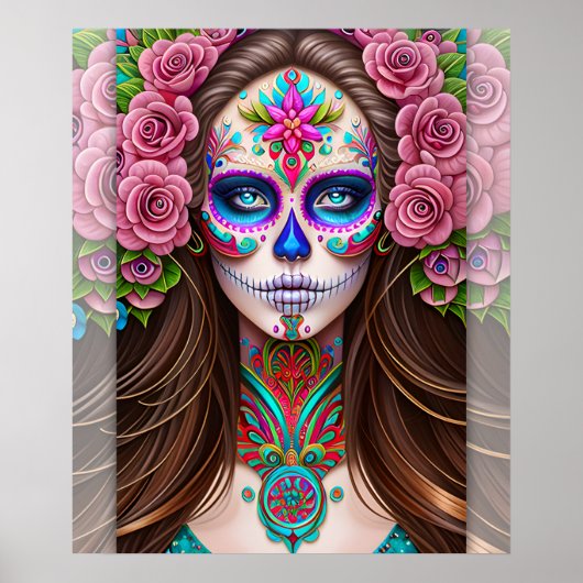 Sugar Skull Art - Vrouw in Sugar Skull Make-up Poster (Voorkant)