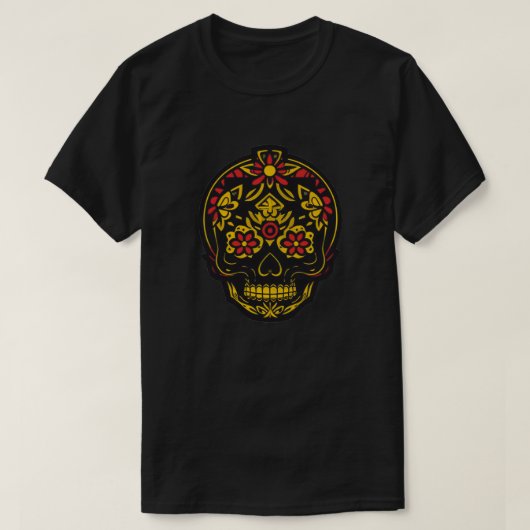 Sugar Skull Art - Zwart, Rood en Goud T-shirt (Design voorkant)