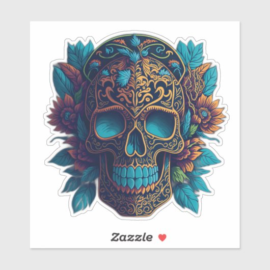 Sugar Skull Art - Zwarte en Gouden Bloem Schedel Sticker (Vel)