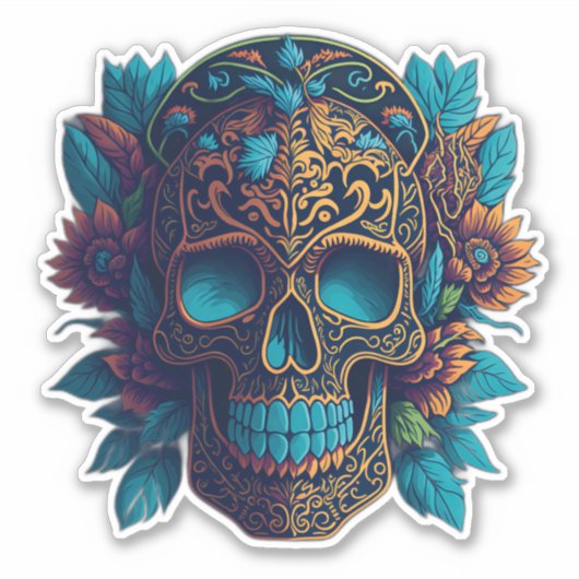 Sugar Skull Art - Zwarte en Gouden Bloem Schedel Sticker (Voorkant)