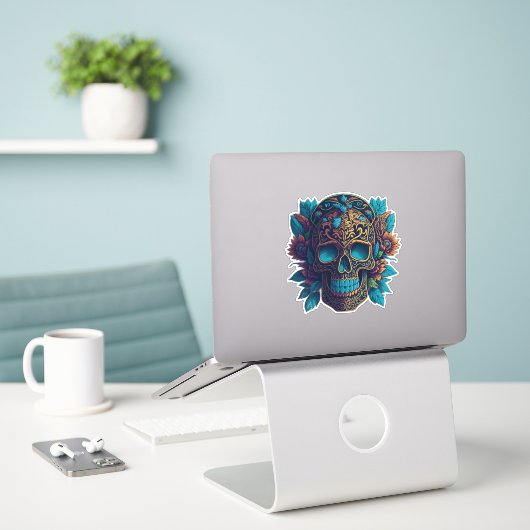Sugar Skull Art - Zwarte en Gouden Bloem Schedel Sticker (Laptop op bureau)