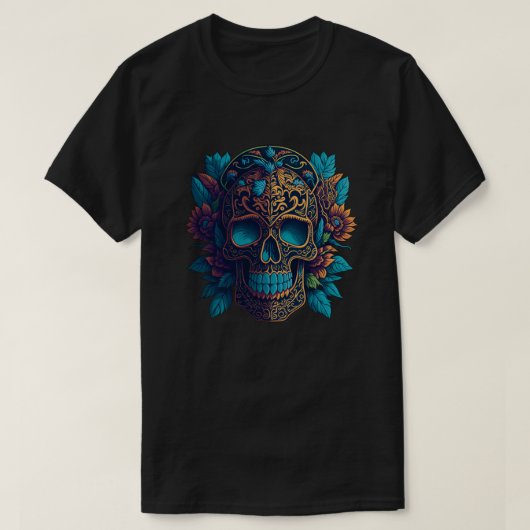 Sugar Skull Art - Zwarte en Gouden Bloem Schedel T-shirt (Design voorkant)