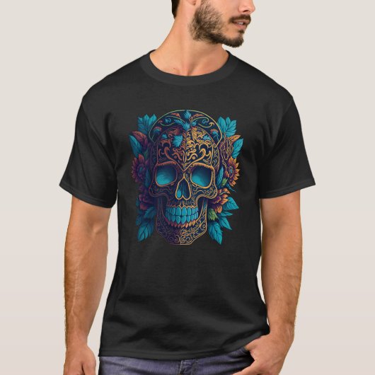 Sugar Skull Art - Zwarte en Gouden Bloem Schedel T-shirt (Voorkant)