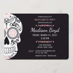 Sugar Skull Bachelorette Party Pink & Black Invite Kaart