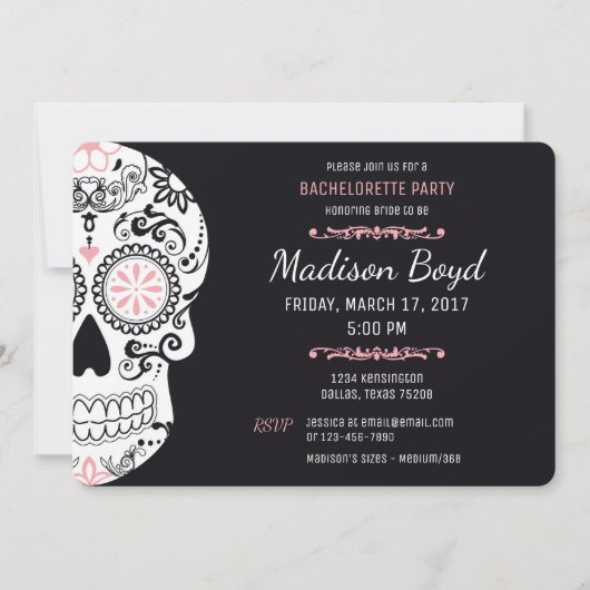 Sugar Skull Bachelorette Party Roze & Zwart Uitnod Kaart (Voorkant)