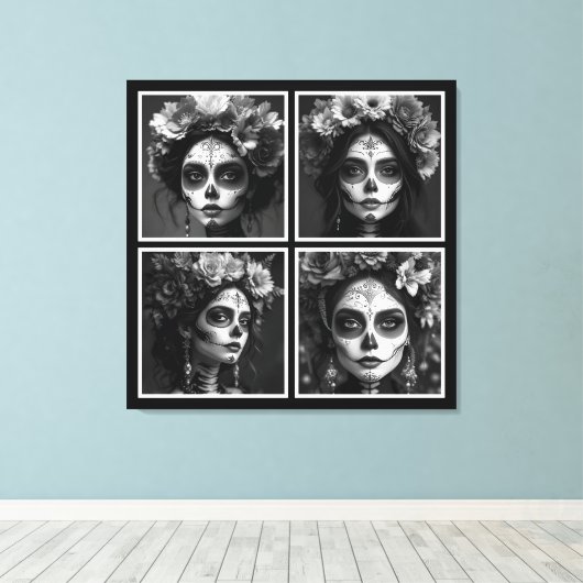 Sugar Skull Black and White Canvas Afdruk (Insitu (Houten vloer))