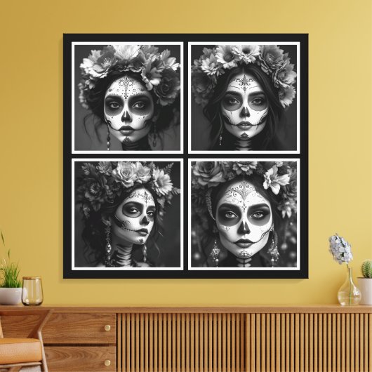 Sugar Skull Black and White  Canvas Afdruk (Insitu (Woonkamer))
