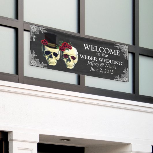 Sugar Skull bruid en bruidegom bruiloft banner (Buitenkant Gebouw)