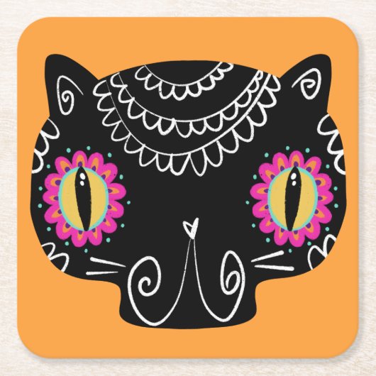 Sugar Skull Cat Catrina Dag van de Doden Kartonnen Onderzetters (Voorkant)