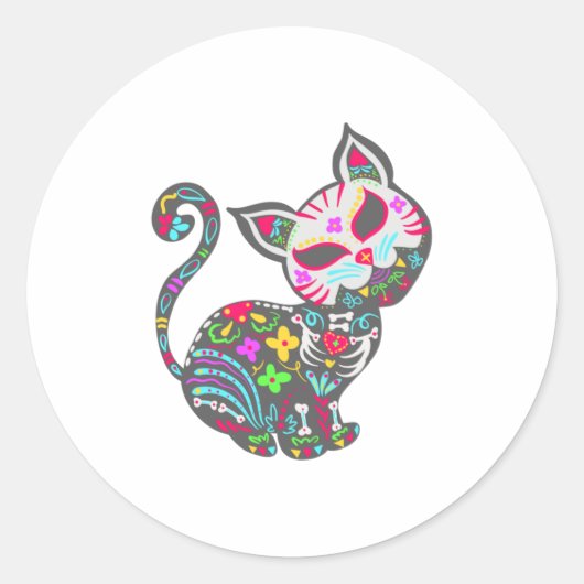 Sugar Skull Cat Cute Dia de Los Muertos Fun Ronde Sticker (Voorkant)