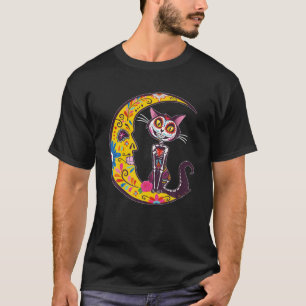 Sugar Skull Cat en Moon Dia de Los Muertos Mexico T-shirt