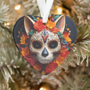 Sugar Skull Cat met Bloemen Acryl Ornament