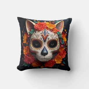 Sugar Skull Cat met Bloemen Sierkussen
