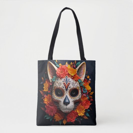 Sugar Skull Cat met Bloemen Tas (Voorkant)