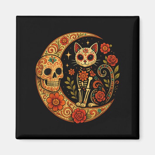 Sugar Skull Cat Moon Dia De Los Muertos Funny Hall Magneet (Voorkant)