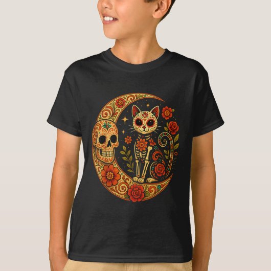 Sugar Skull Cat Moon Dia De Los Muertos Funny Hall T-shirt (Voorkant)