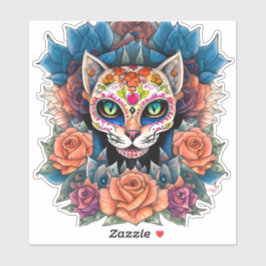 Sugar Skull Cat Omgeven door bloemen Sticker
