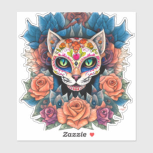 Sugar Skull Cat Omgeven door bloemen Sticker