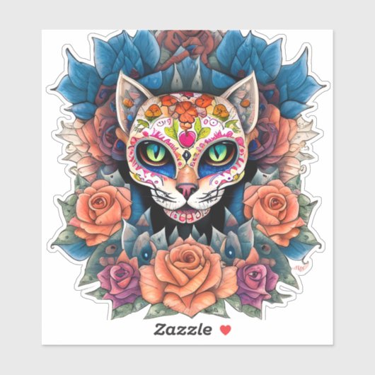 Sugar Skull Cat Omgeven door bloemen Sticker (Vel)
