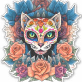 Sugar Skull Cat Omgeven door bloemen Sticker (Voorkant)
