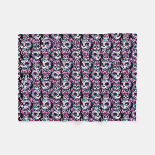 Sugar Skull Cat Pattern Fleece Deken (Voorkant (Horizontaal))