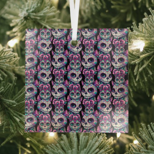 Sugar Skull Cat Pattern Glas Ornament (Insitu)