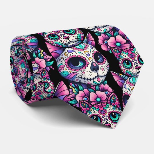Sugar Skull Cat Pattern Stropdas (Opgerold)