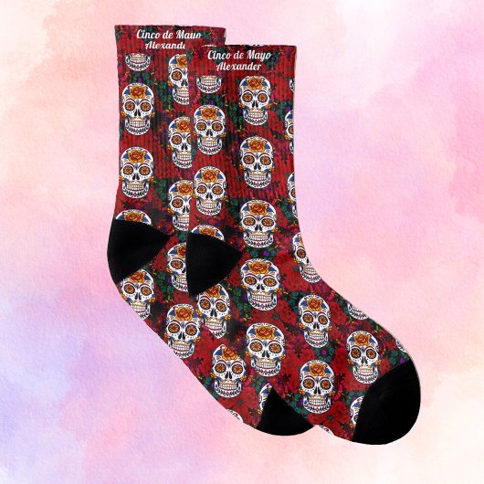 Sugar Skull Cinco de Mayo Red Floral Naam toevoege Sokken