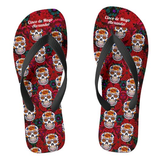 Sugar Skull Cinco de Mayo Red Floral Naam toevoege Teenslippers (Voetbed)