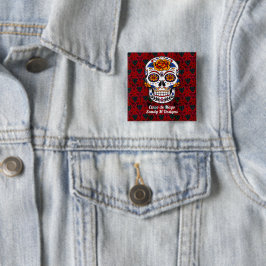 Sugar Skull Cinco de Mayo Red Floral Name Pinback Vierkante Button 5,1 Cm