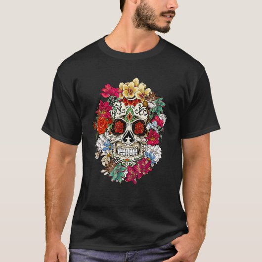 Sugar Skull Day Of Dead Dia De Los Muertos Flowers T-shirt (Voorkant)