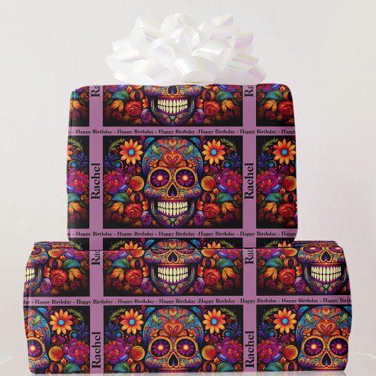 Sugar Skull Day of the Dead Birthday Naam toevoege Cadeaupapier