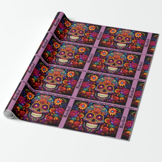 Sugar Skull Day of the Dead Birthday Naam toevoege Cadeaupapier (Uitgerold)