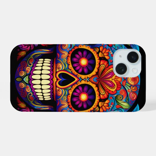 Sugar Skull Day of the Dead Kleurrijk iPhone 15 Case (Achterkant horizontaal)