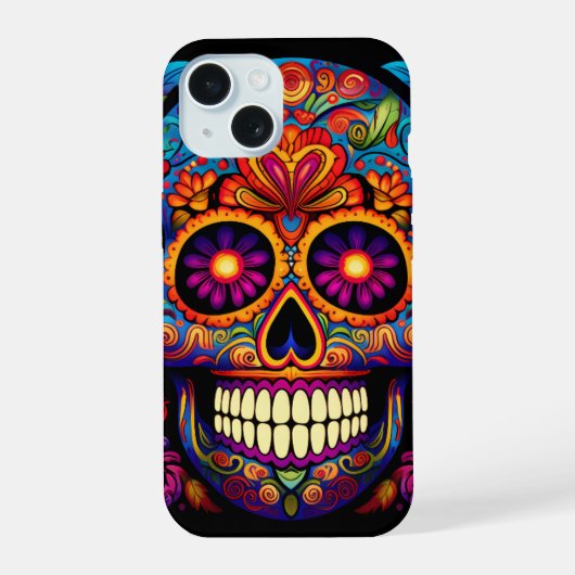 Sugar Skull Day of the Dead Kleurrijk iPhone 15 Case (Achterkant)