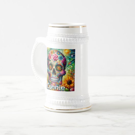 Sugar Skull Day van de dode bloem gepersonaliseerd Bierpul (Voorkant links)