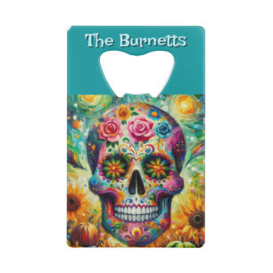 Sugar Skull Day van de dode bloem gepersonaliseerd Creditkaart Flessenopener
