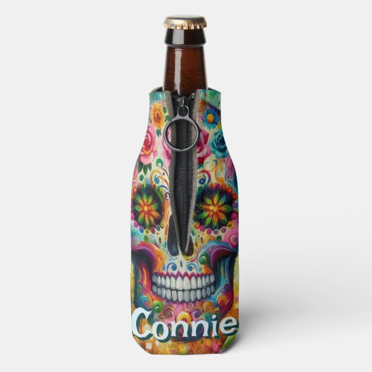 Sugar Skull Day van de dode bloem gepersonaliseerd Flesjeskoeler (Fles Achterkant)