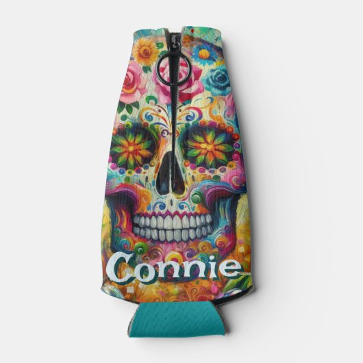 Sugar Skull Day van de dode bloem gepersonaliseerd Flesjeskoeler (Achterkant)