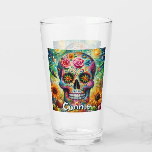Sugar Skull Day van de dode bloem gepersonaliseerd Glas (Achterkant)